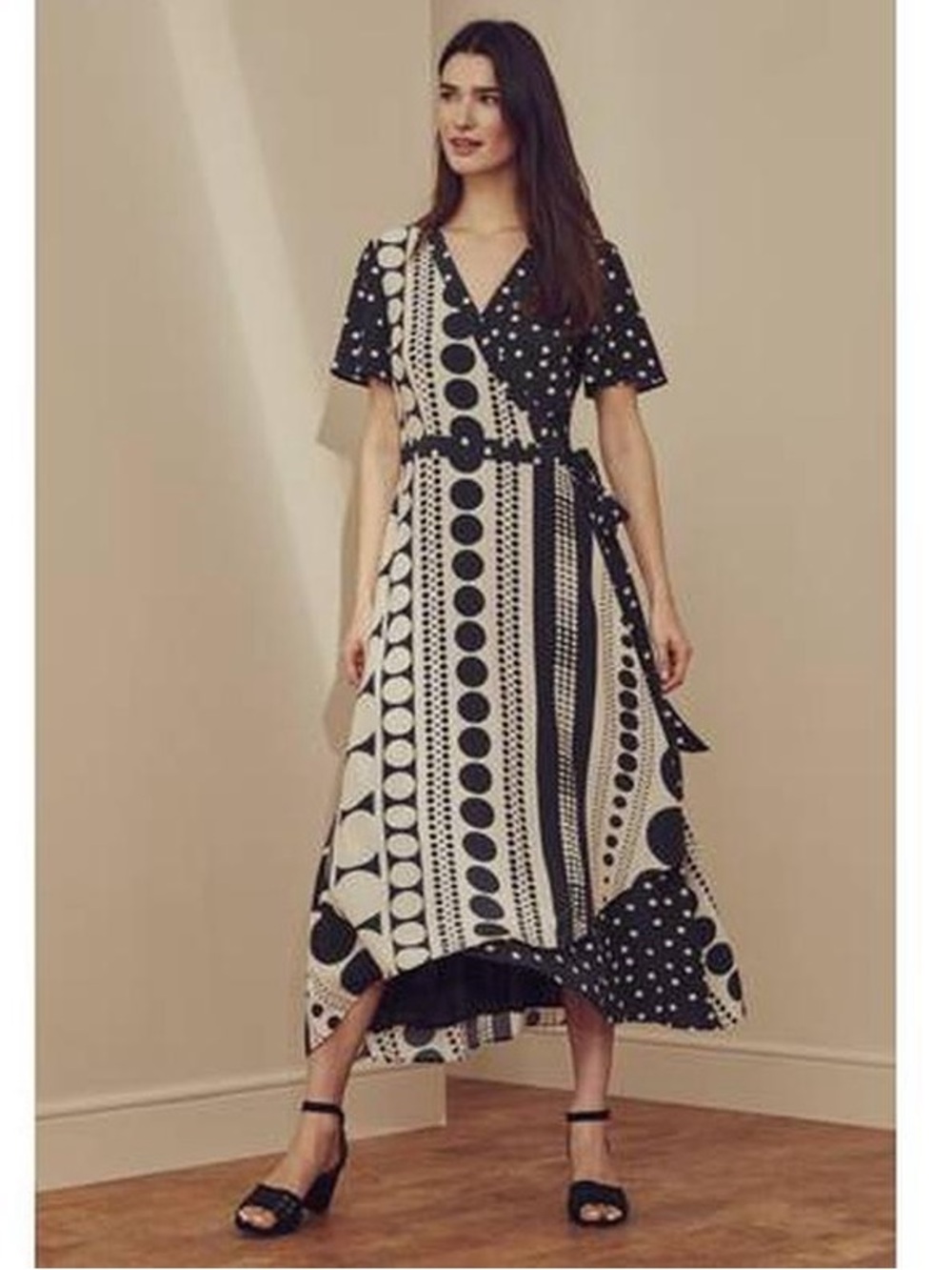 NWT Long Tall Sally Mix Spot Print Wrap Black/Ivory Polka Dot Maxi Dress Size 14